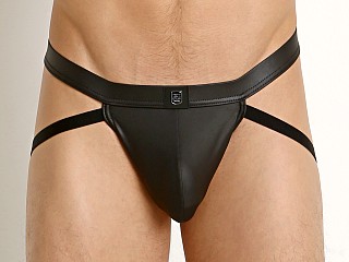 Model in black Gregg Homme Crave Faux Leather Jockstrap