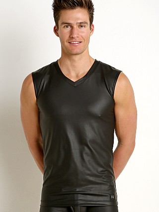 Model in black Gregg Homme Crave Faux Leather V-Neck Muscle Shirt