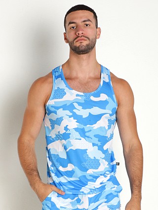 Model in blue Timoteo Sport-Fit Camo Tank Top