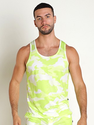 Model in green Timoteo Sport-Fit Camo Tank Top