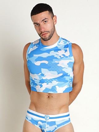 Model in blue Timoteo Sport-Fit Camo Crop Top