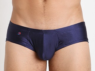 Model in navy Joe Snyder Cheek Trunk