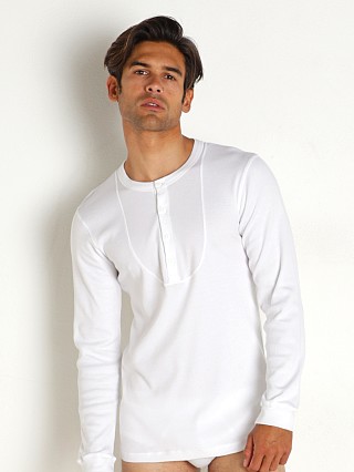 Model in white Modus Vivendi Organic Henley Longsleeve Shirt