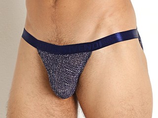 Model in blue Modus Vivendi Knight Tanga Metallic Mesh Brief