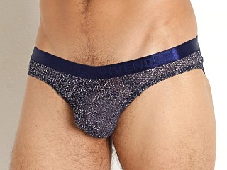 Model in blue Modus Vivendi Knight Classic Metallic Mesh Brief