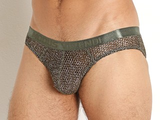 Model in khaki Modus Vivendi Knight Classic Metallic Mesh Brief