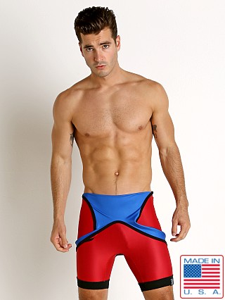 Model in red/royal Matman Low-Cut Reversible Wrestling Singlet