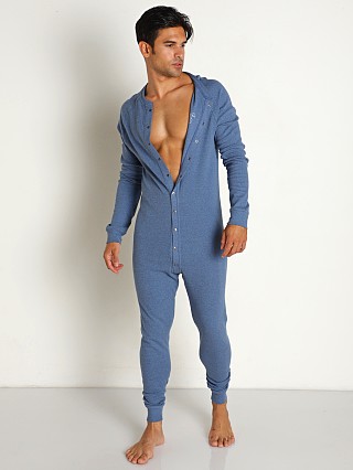 Model in denim heather blue Nasty Pig Union Suit