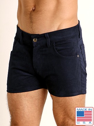 Model in navy LASC Corduroy 5-Pocket Short Shorts