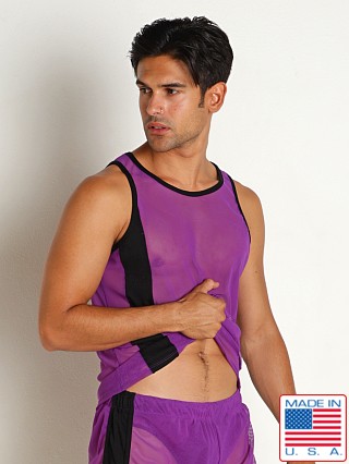 Model in purple/black Go Softwear Hard Core Frisky Mesh Side Stripe Tank Top Purple