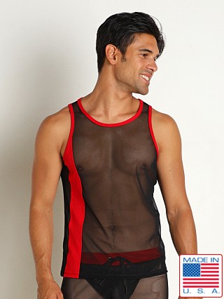 Model in black/red Go Softwear Hard Core Frisky Mesh Side Stripe Tank Top