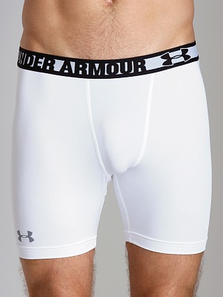 Model in white/steel Under Armour HeatGear Sonic Compression Short