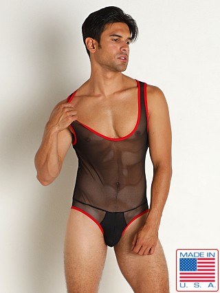 Model in black/red Go Softwear Hard Core Frisky Mesh Backless Singlet