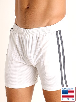 Model in white/grey LASC Performance Mesh Active Shorts