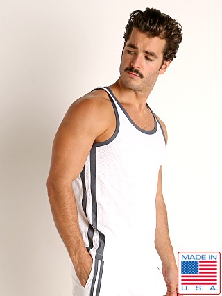 Model in white/grey LASC Performance Mesh Tank Top