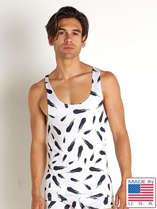 Model in eggplants Rick Majors Fun Prints Tank Top