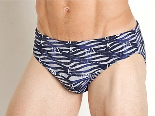 Model in grey waves Emporio Armani All Over Graphic Low Swim Brief