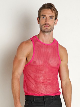 Model in hot pink Manstore Open Mesh Tank Top