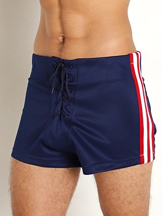 Model in navy Bike Athletic Football Cut-Off Shorts