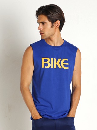 Model in royal Bike Athletic Logo Sleeveless Muscle Shirt