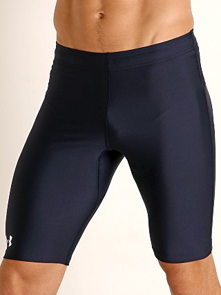 Model in midnight navy Under Armour Track Compression Short