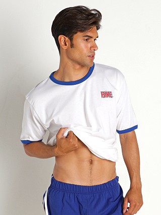 Model in white Bike Athletic Logo Ringer T-Shirt