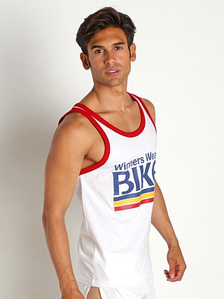 Model in white/red Bike Athletic Logo Ringer Tank Top