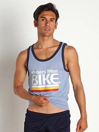 Model in light blue/navy Bike Athletic Logo Ringer Tank Top