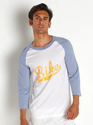 Model in white/light blue Bike Athletic Logo Baseball T-Shirt