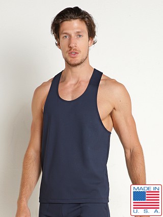 Model in navy LASC Sport Tank Top