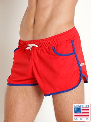 Model in red/royal American Jock Competitor Pocket Short