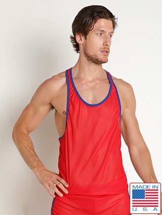 Model in red/royal American Jock Competitor Track Muscle Tank