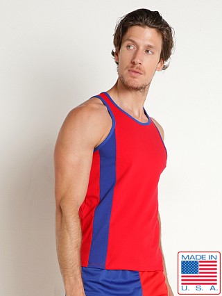 Model in red/royal American Jock Competitor Panel Tank Top