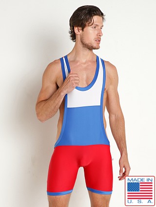 Model in red combo American Jock Competitor Tri-Color Wrestling Singlet