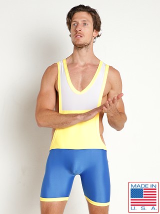 Model in royal combo American Jock Competitor Tri-Color Wrestling Singlet