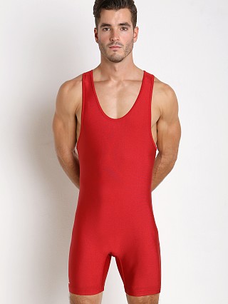 Model in red Adidas Solid Wrestling Singlet