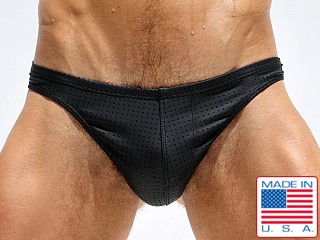 Model in black Rufskin Vers Perfo-Rubber Jockstrap/Thong Fusion