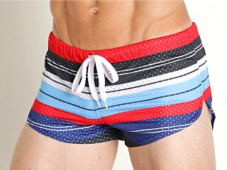 Model in sky stripe Jack Adams Mesh Track Short