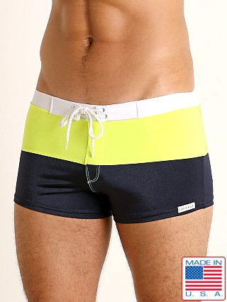 Model in navy/lime Sauvage Fitted Square Cut Swim Trunk