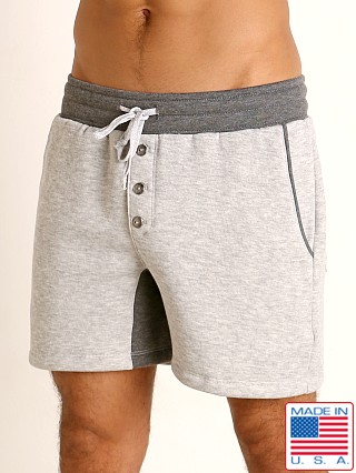 Model in grey/charcoal LASC Fleece Colorblock Drawstring Shorts