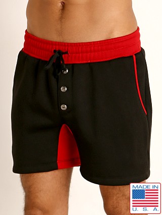 Model in black/red LASC Fleece Colorblock Drawstring Shorts