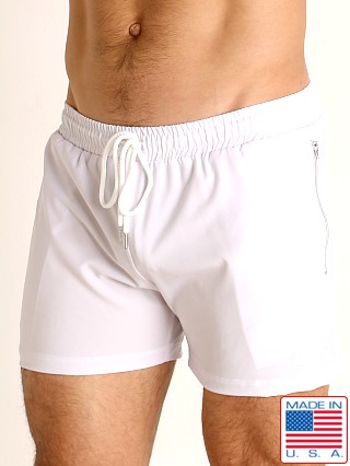 Model in white LASC Zippered Pockets Stretch Woven Gym Shorts