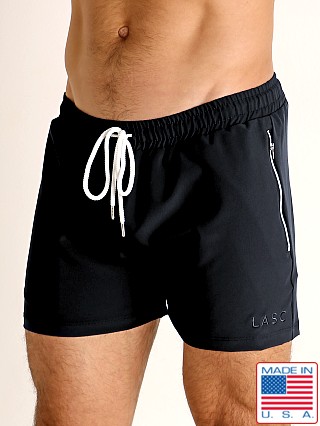 Model in black LASC Zippered Pockets Stretch Woven Gym Shorts