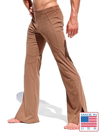 Model in bark Rufskin Stilato Stretch "Suede" Flare Leg Pant