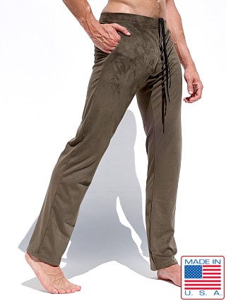 Model in moss Rufskin Stephan Stretch "Suede" Straight Leg Pant