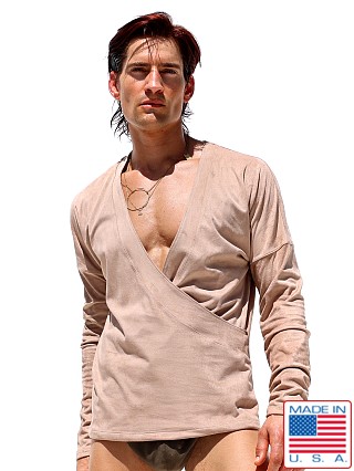 Model in dune Rufskin Lucien Stretch "Suede" Long Sleeve X Shirt