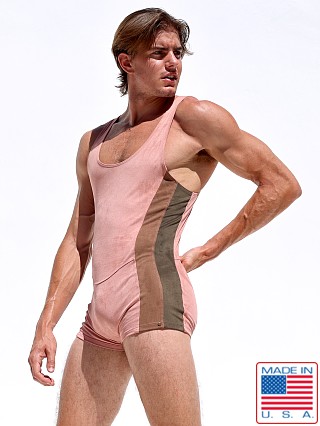 Model in rose Rufskin Franco Stretch "Suede" Sport-Lounge Bodysuit