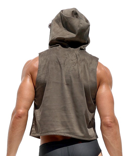 Rufskin Pierrot Stretch "Suede" Sleeveless Hoodie Moss