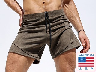 Model in moss Rufskin Emile Stretch "Suede" Sport-Lounge Short