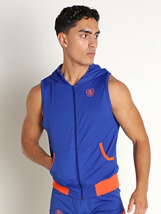 Model in royal TOF Paris Athletic Mesh Muscle Hoodie